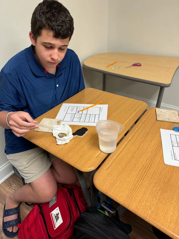 A student concentrating on a one-on-one science experiment at his desk